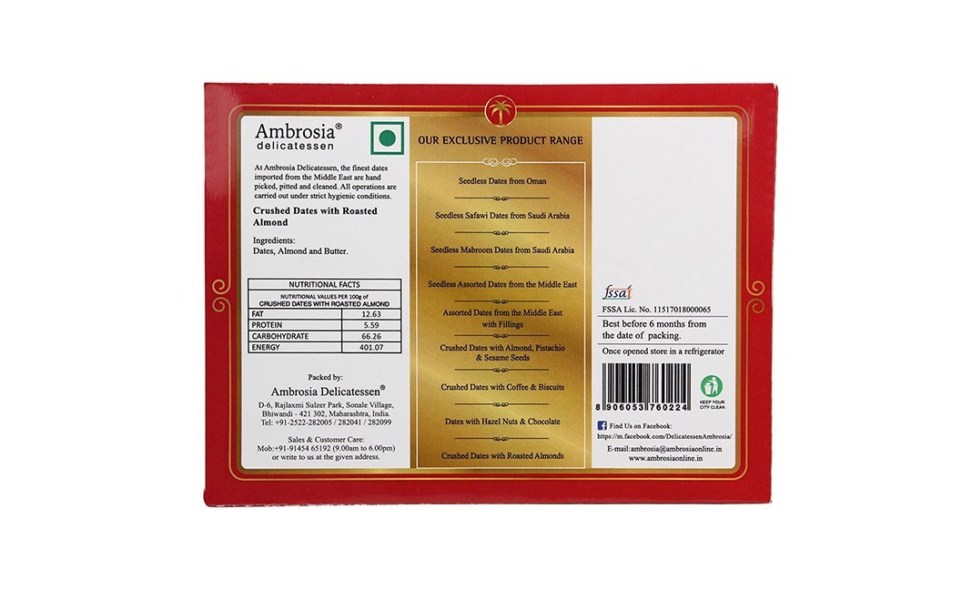 Ambrosia Delicatessen Crushed Dates With Roasted Almond   Box  250 grams